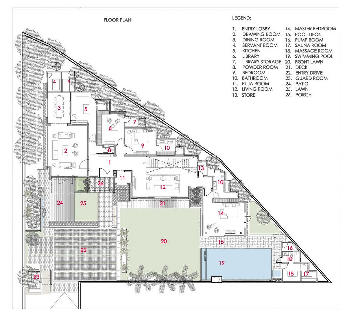 Floor plan of stylish modern home in Chhatarpur, India