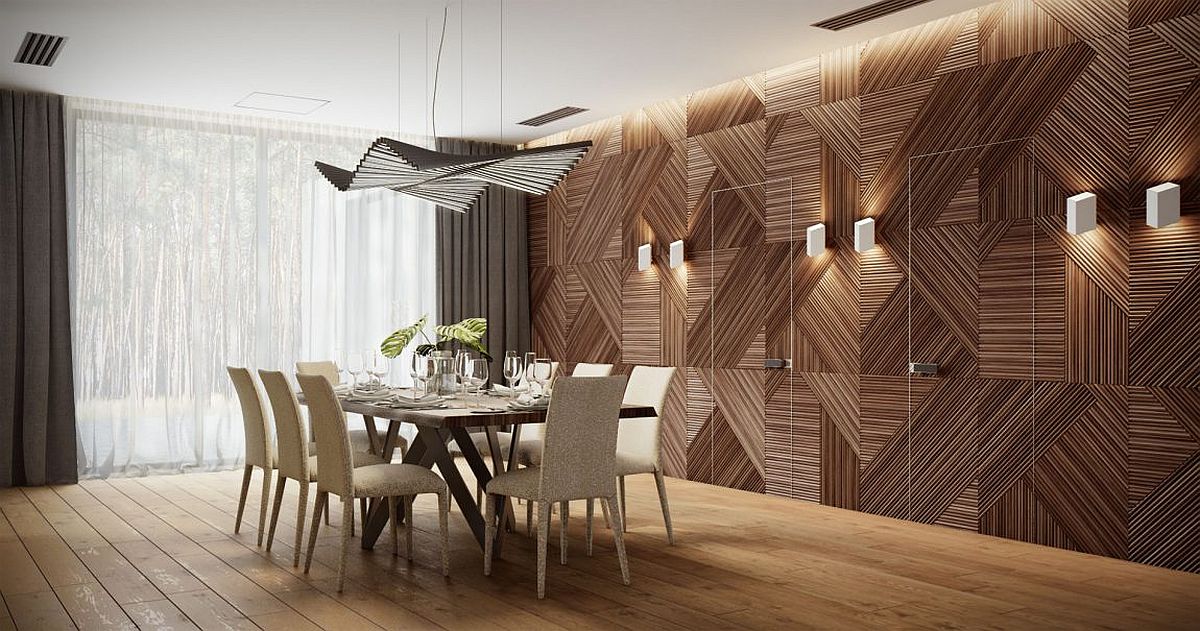 Geometric style and a unique backdrop for the classy modern dining room
