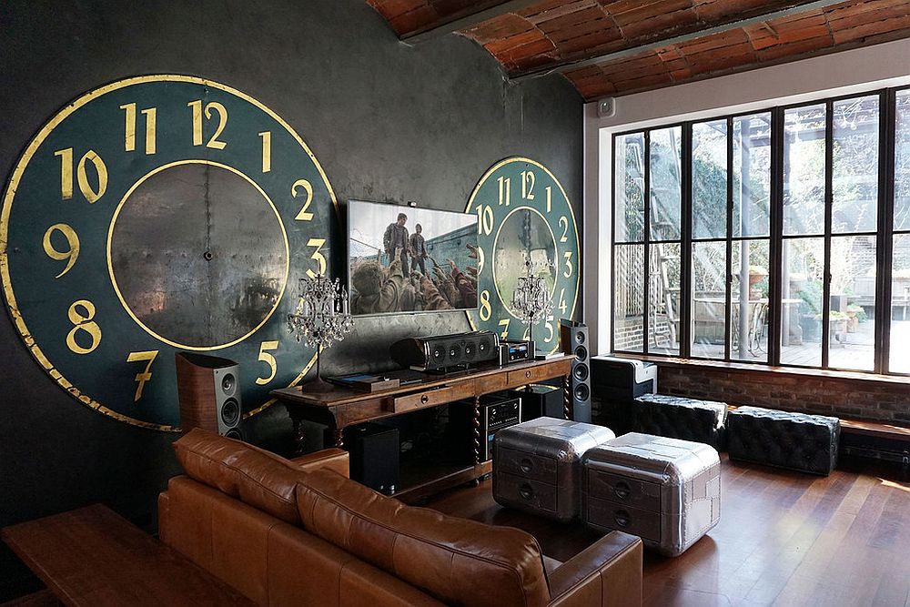 Giant clock faces and an entertainment unit create a unique and striking sunroom in SoHo townhouse [Design: Cloud9 Smarthome]