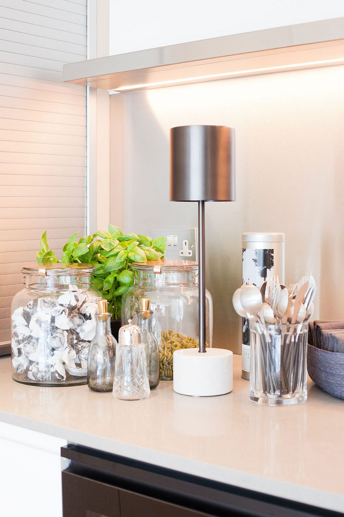 Glass jars and mason jars used as decorative pieces inside the smart London home