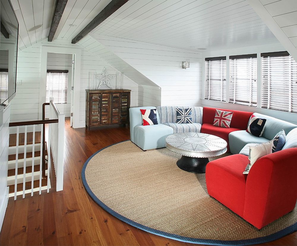 Home theater of beach cottage with colorful seating and smart throw pillows [Design: Sea Island Builders LLC]