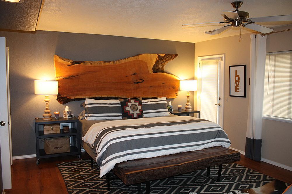 Live-edge headboard and bench transform the rustic bedroom [Design: Troys Flooring]