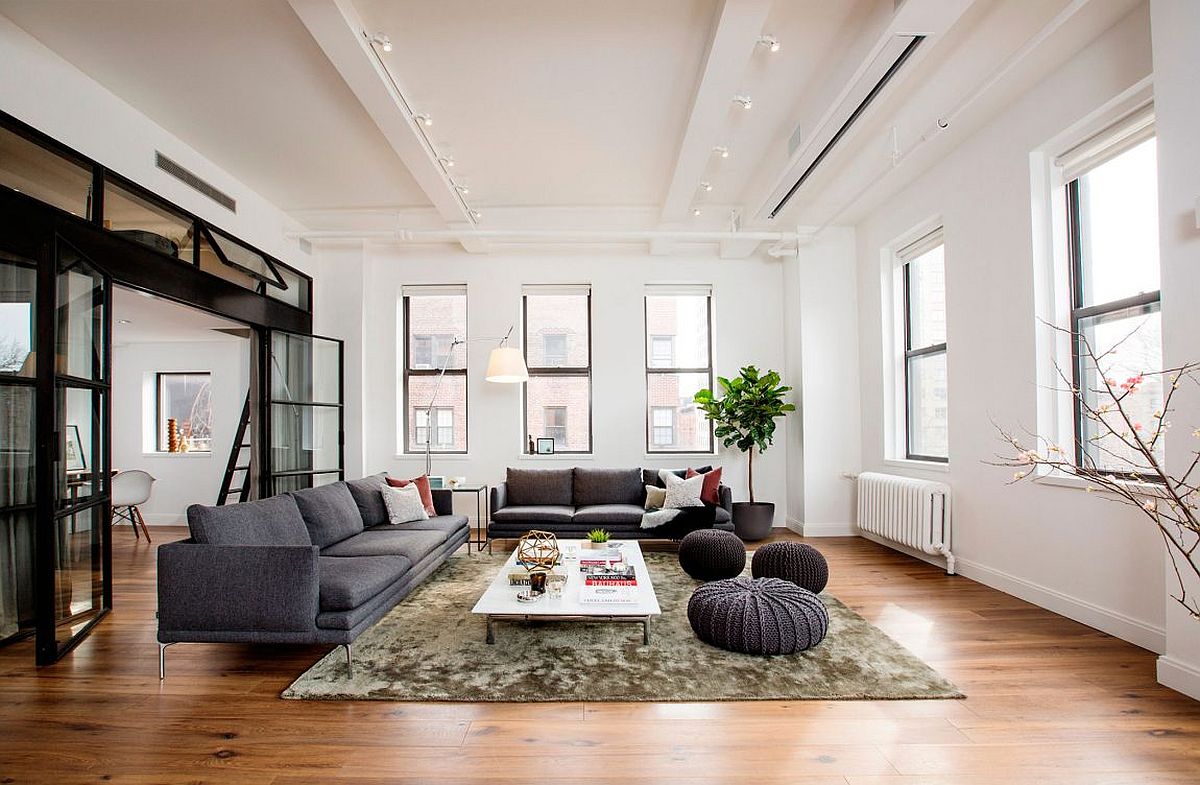 Living room and study of the smart, revamped NYC apartment