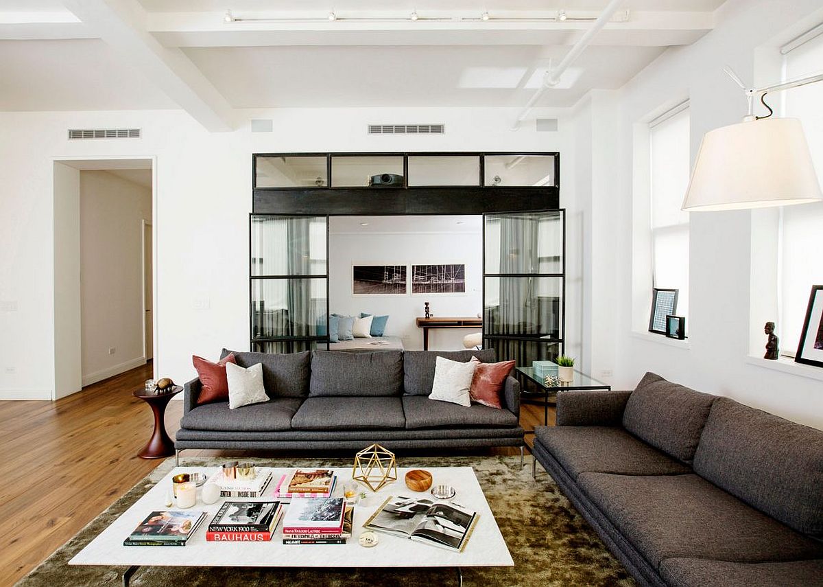 Low-slung sofas and oversized coffee table in the contemporary living room