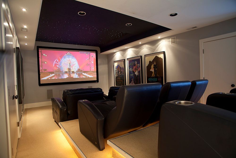 Modern beach style home theater with a cool ceiling that brings in the stars! [Design: Ellisdesigns]