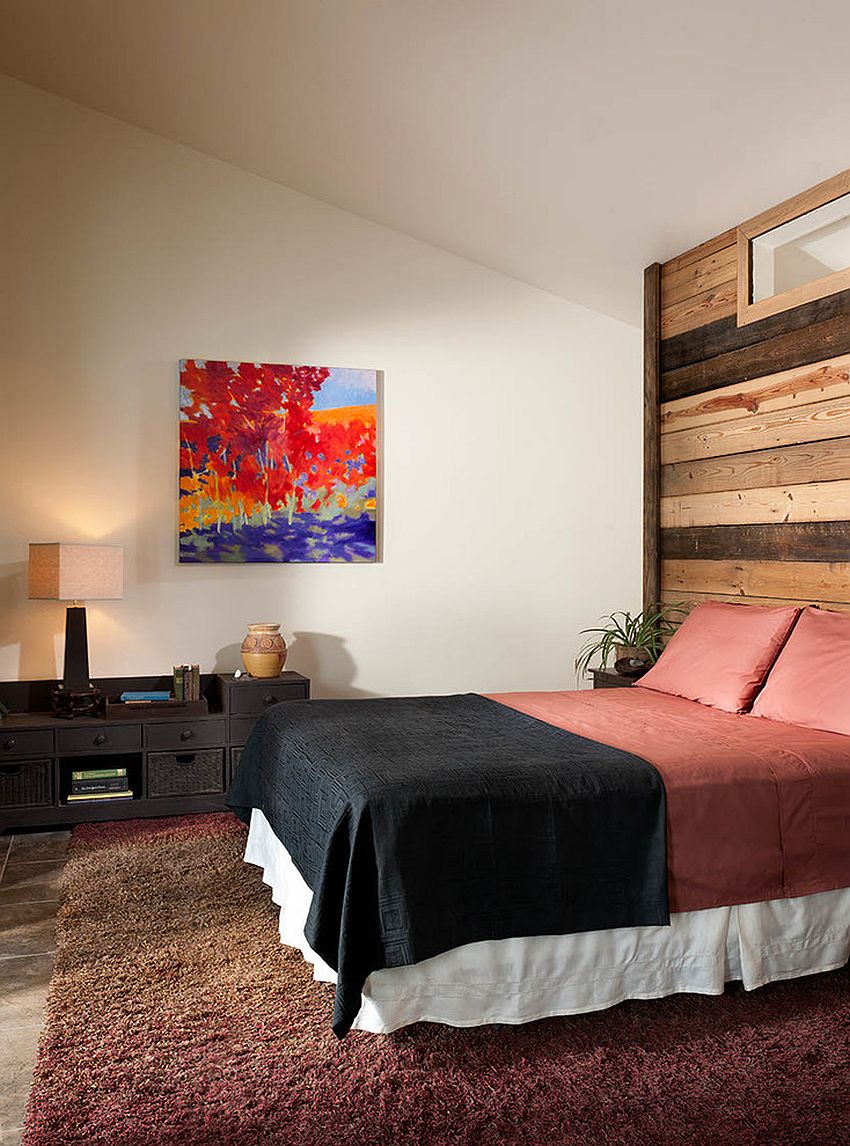 Modern rustic bedroom with reclaimed wood accent wall