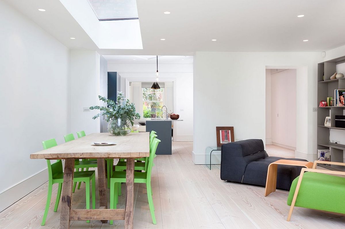 Open living area and kitchen of refurbished London home
