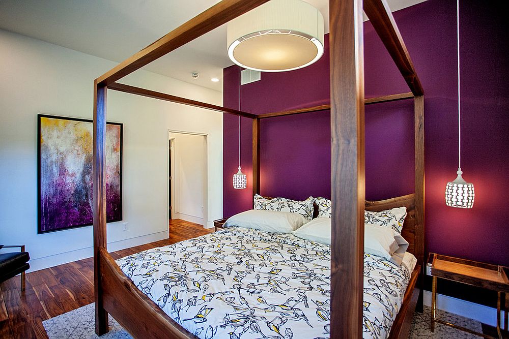 Purple gives the modern bedroom brightness and an air of sophistication [Design: Madison Taylor]