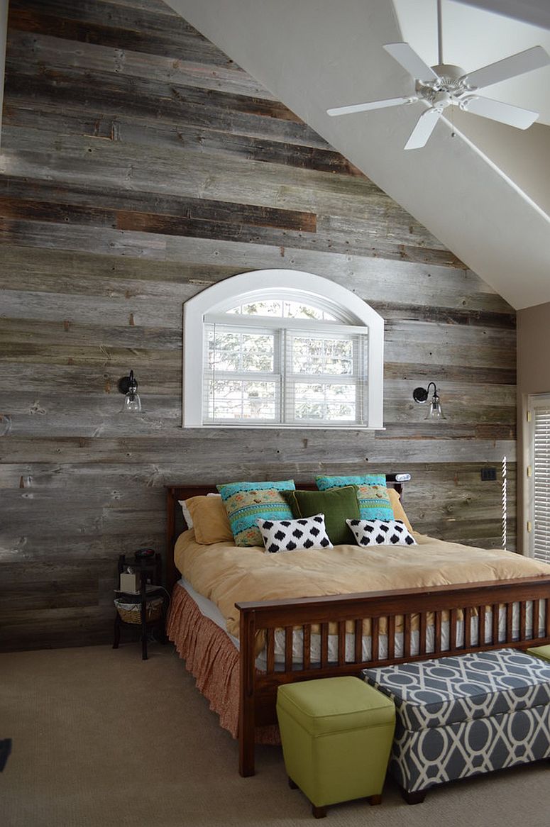 Reclaimed wood brings traditional barn charm to the contemporary bedroom [Design: Creative Floors / Photography by Melissa Ann Barrett]