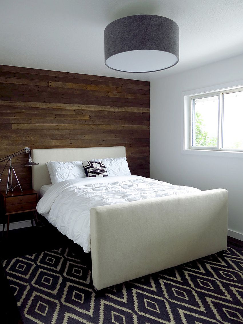 Reclaimed wood wall feature for the contemporary bedroom [Design: Aurora Mills Architectural Salvage]