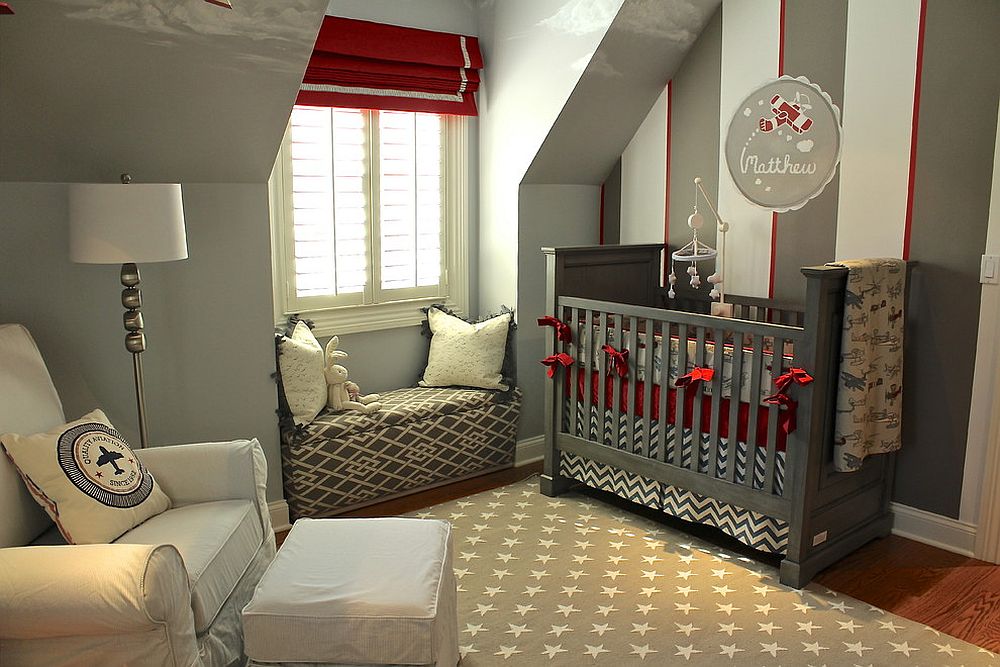 Red, white and gray stripes in the industrial bedroom