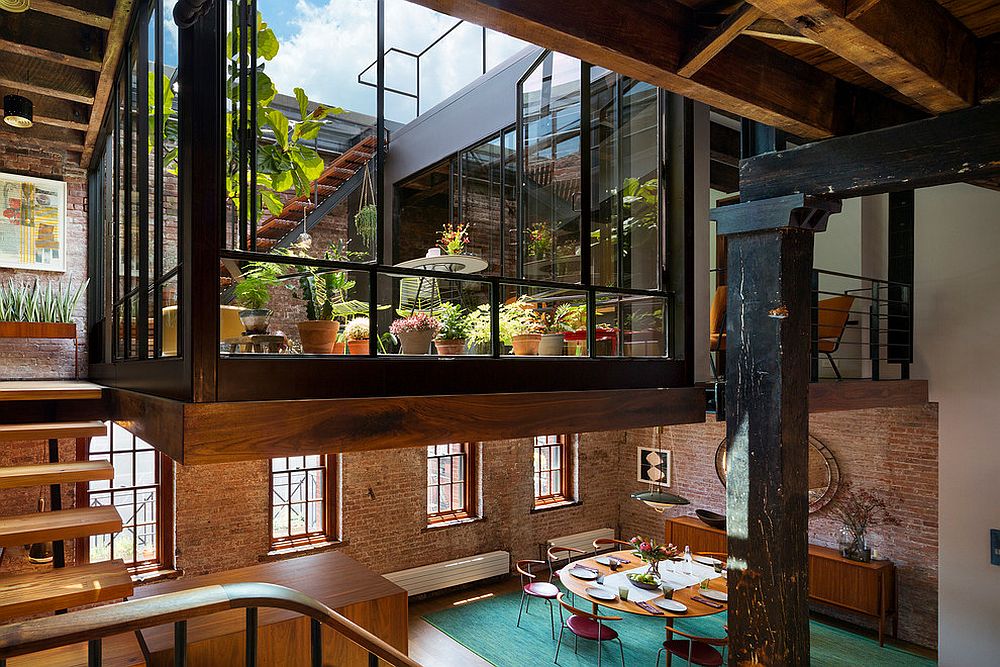 Revamped mezzanine level inside Tribeca Loft functions as a stunning industrial sunroom [Design: Andrew Franz Architect / Albert Vecerka-Esto]