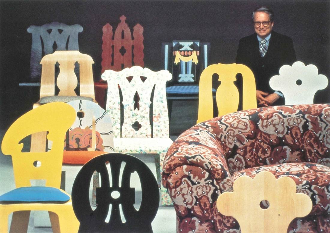 Queen Anne was part of a series of nine chairs created by Robert Venturi for Knoll between 1979 and 1984. The Queen Anne chair is pictured in the middle row, second from right. Image via Daniella On Design.