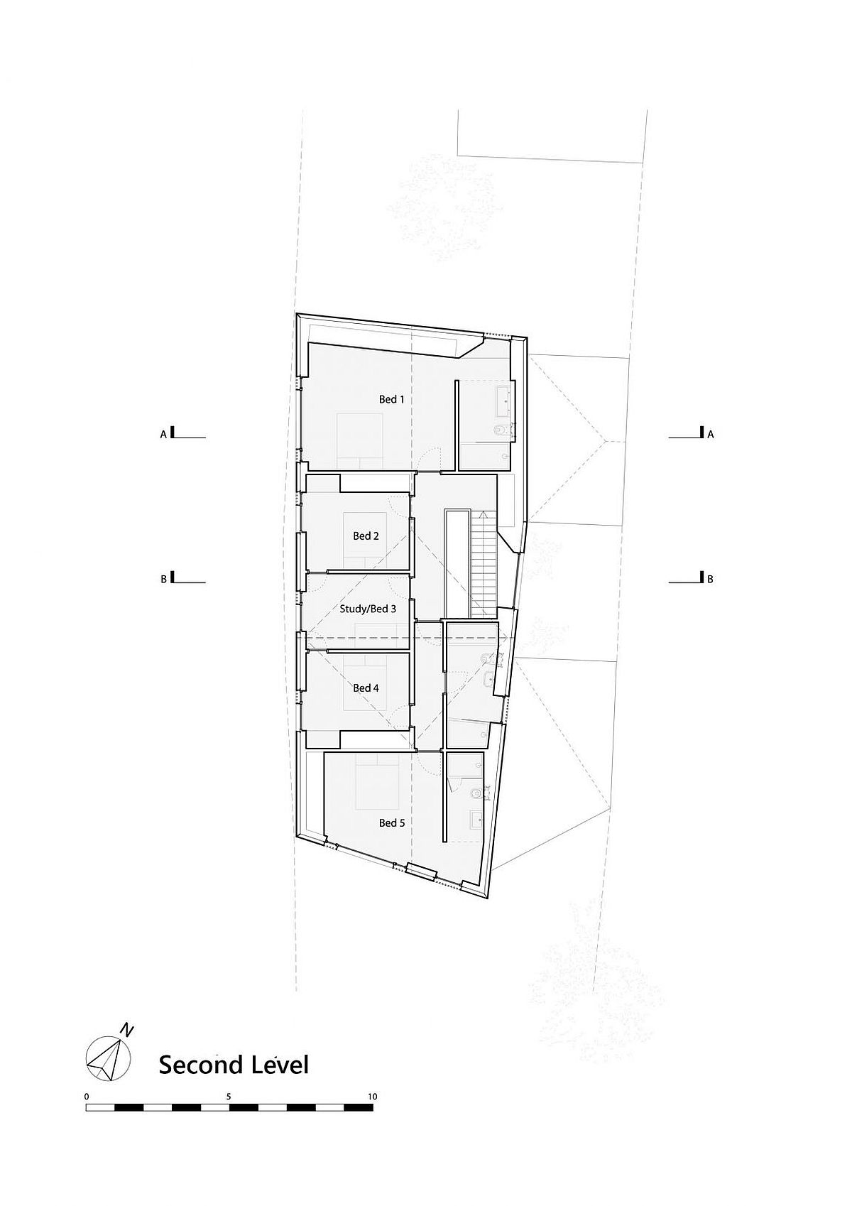 Second level floor plan of riverside English home with five bedrooms