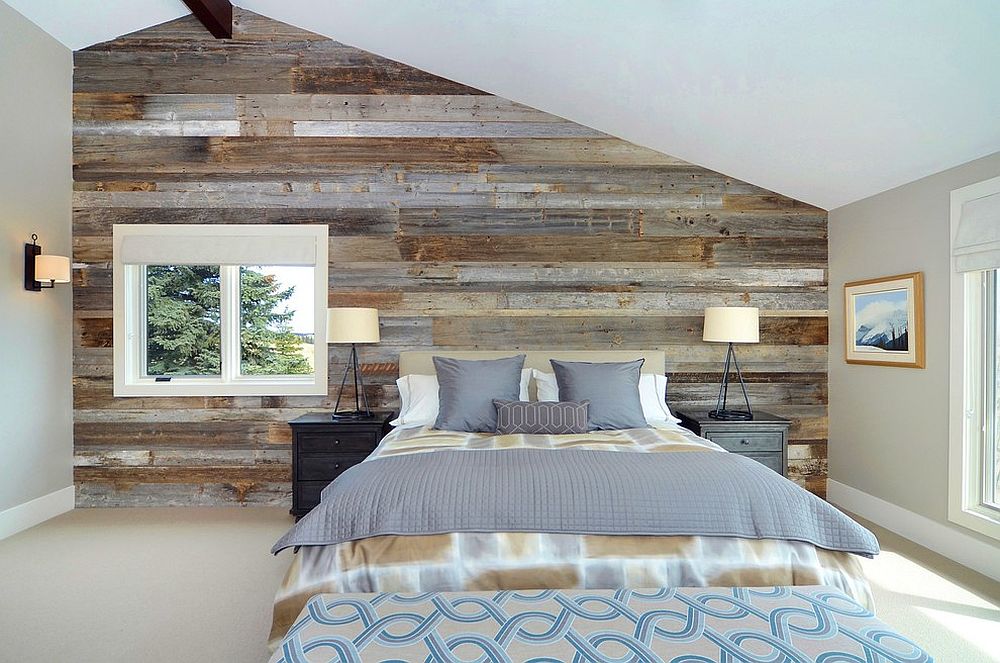 Serene and stylish contemporary bedroom with a wood accent wall [Design: Bruce Johnson & Associates Interior Design]