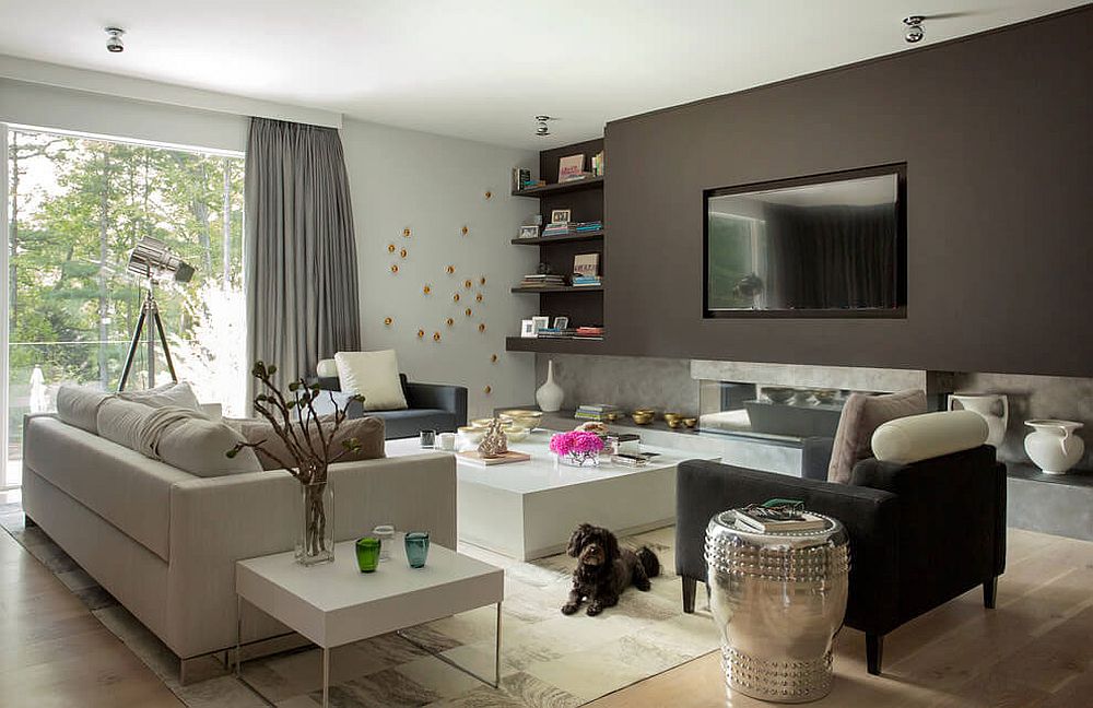 Shades of gray and white fashion a fabulous media room