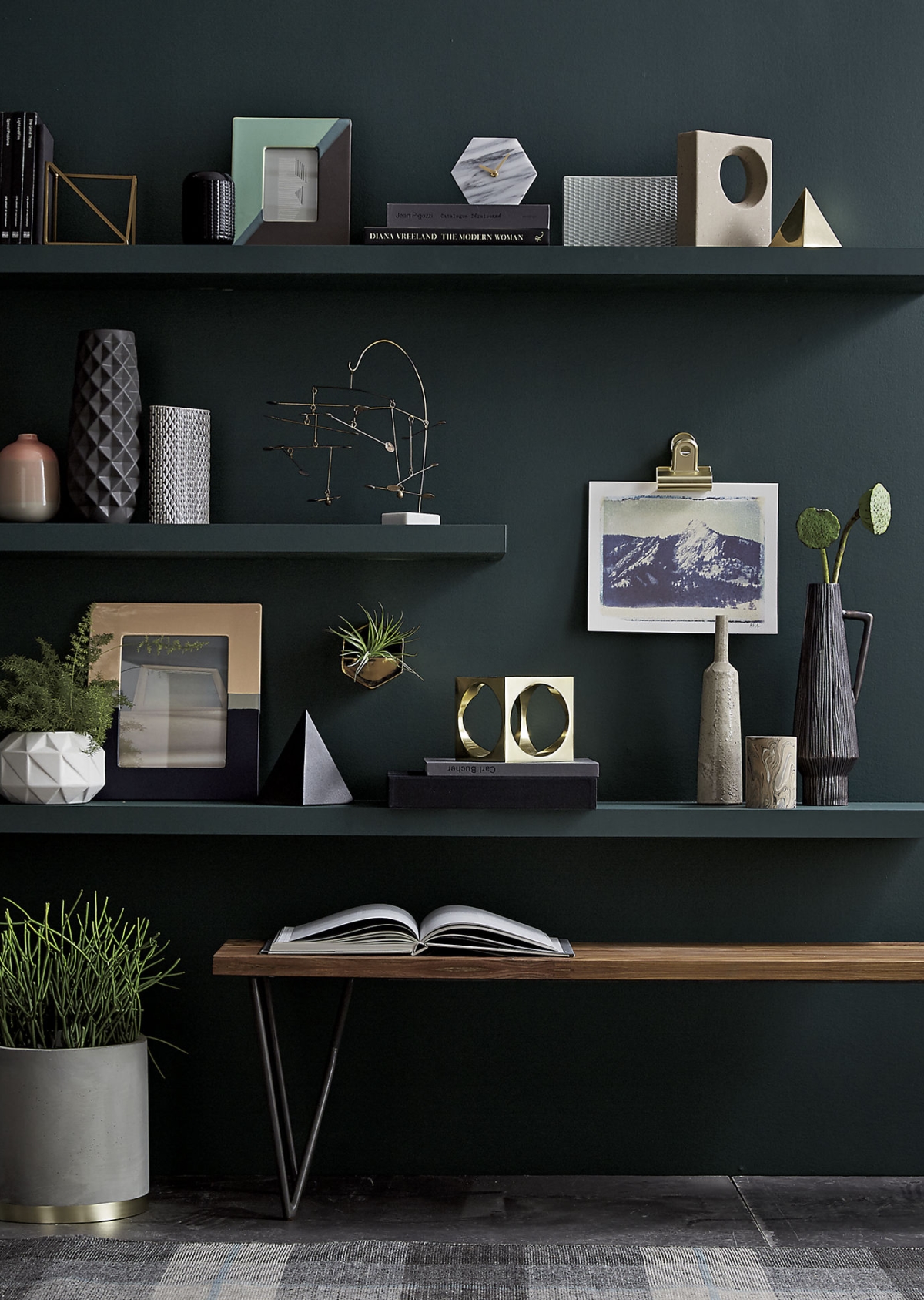 Shelving and grey-green walls designed by CB2