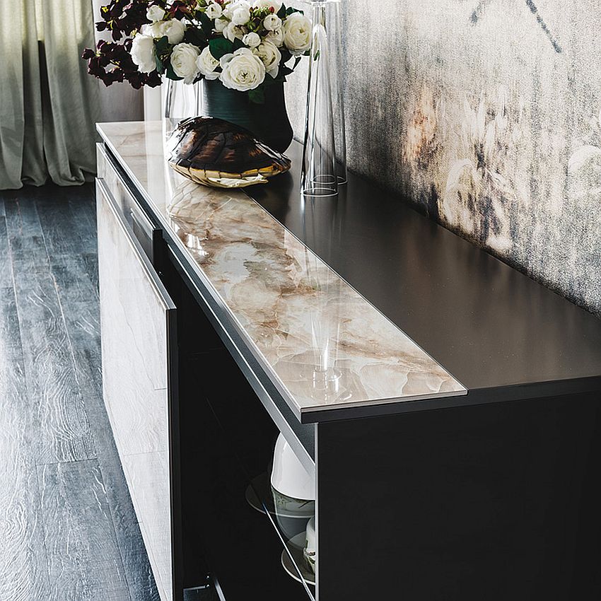 Sideboard with sliding doors and glass internal shelves