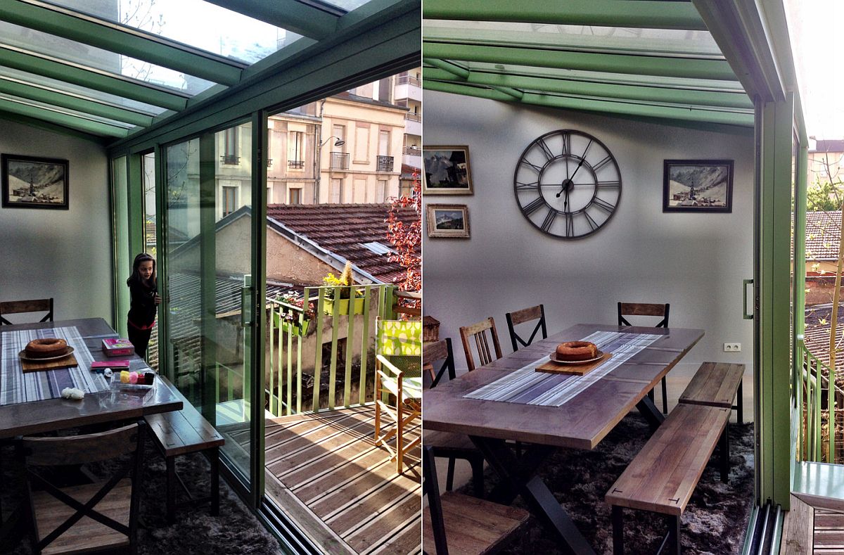 Sliding glass doors and glass ceiling for the small industrial sunroom [Design: LILIetRAMI Architecture]