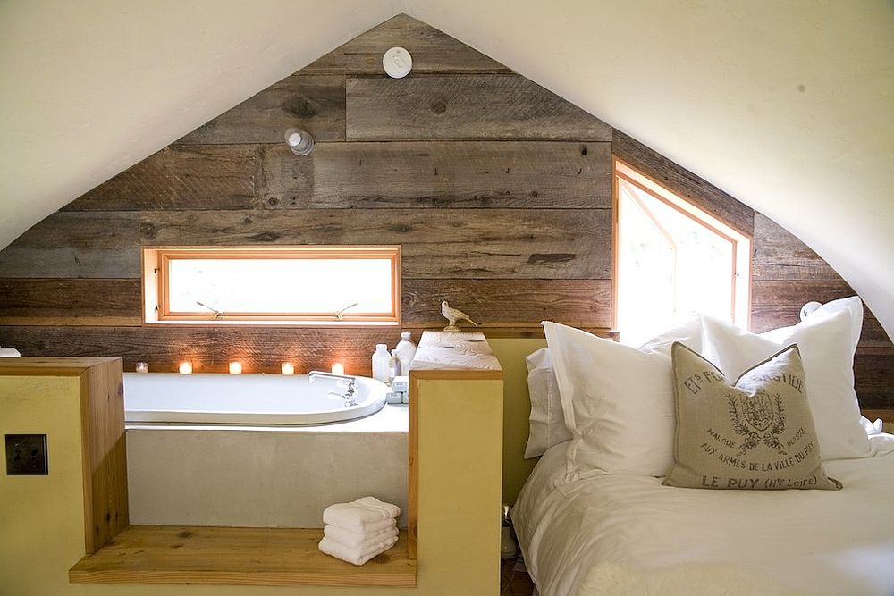 Small, space-savvy loft bedroom and bathroom