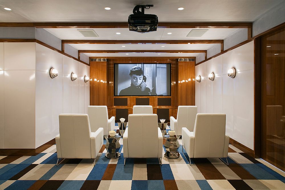 Smart beach style home theater in white with colorful flooring [Design: Alexander Gorlin Architects]