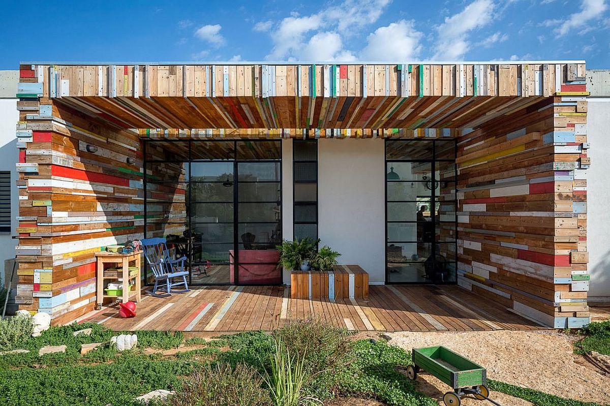 Smart home in Israel with colorful reclaimed wood planks