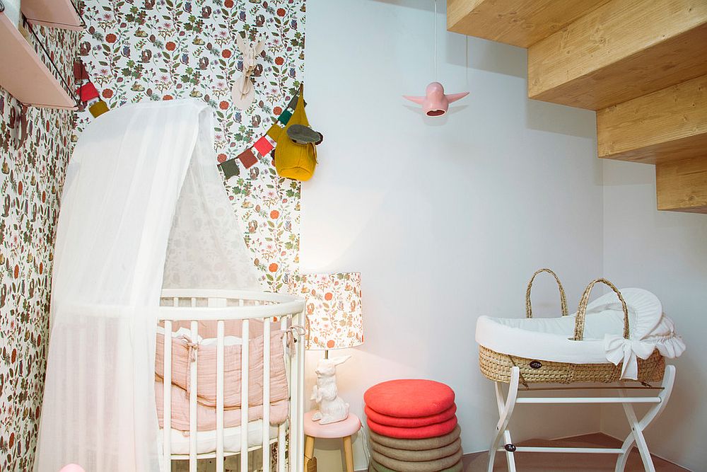 Space-savvy and small industrial bedroom with pattern-filled walls [Design: WOMB concept / Photography: Nathalie Mohajer]