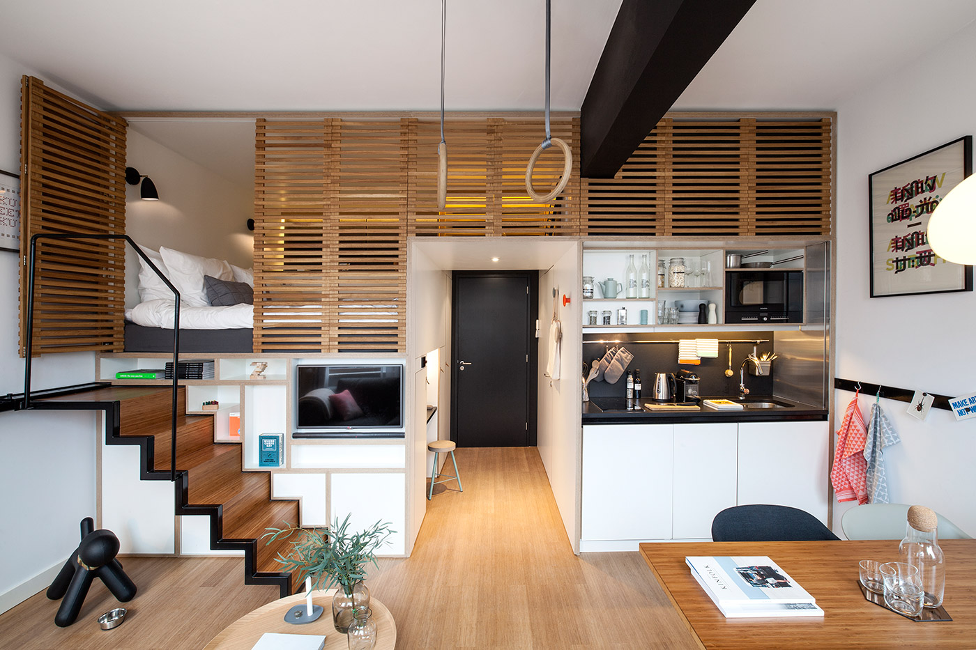 Split-level studio apartment (from Zoku via Home Designing)