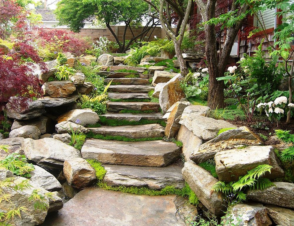 Stacked stone staircase becomes the showstopper of this Oriental garden