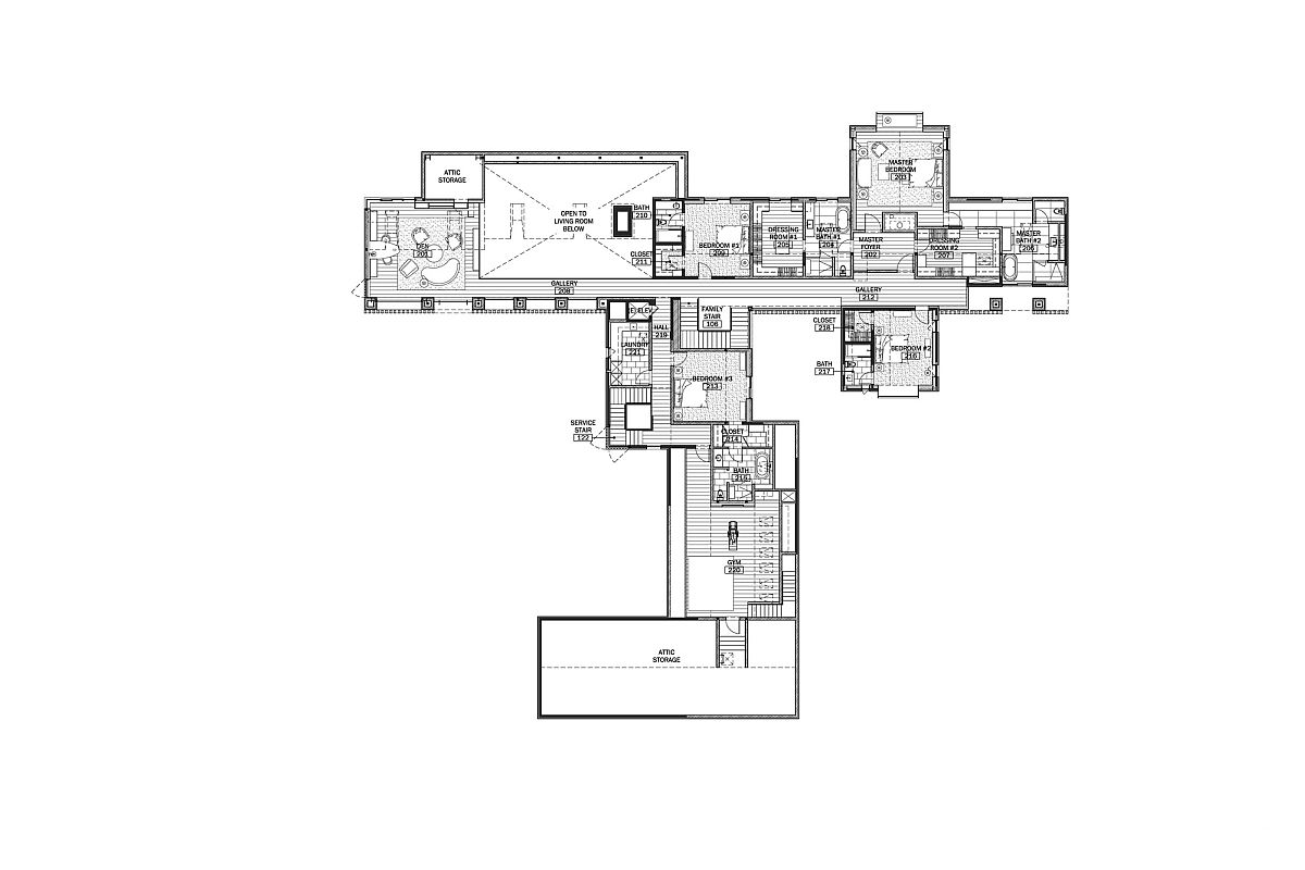 Top level floor plan with multiple master bedrooms and additional spaces