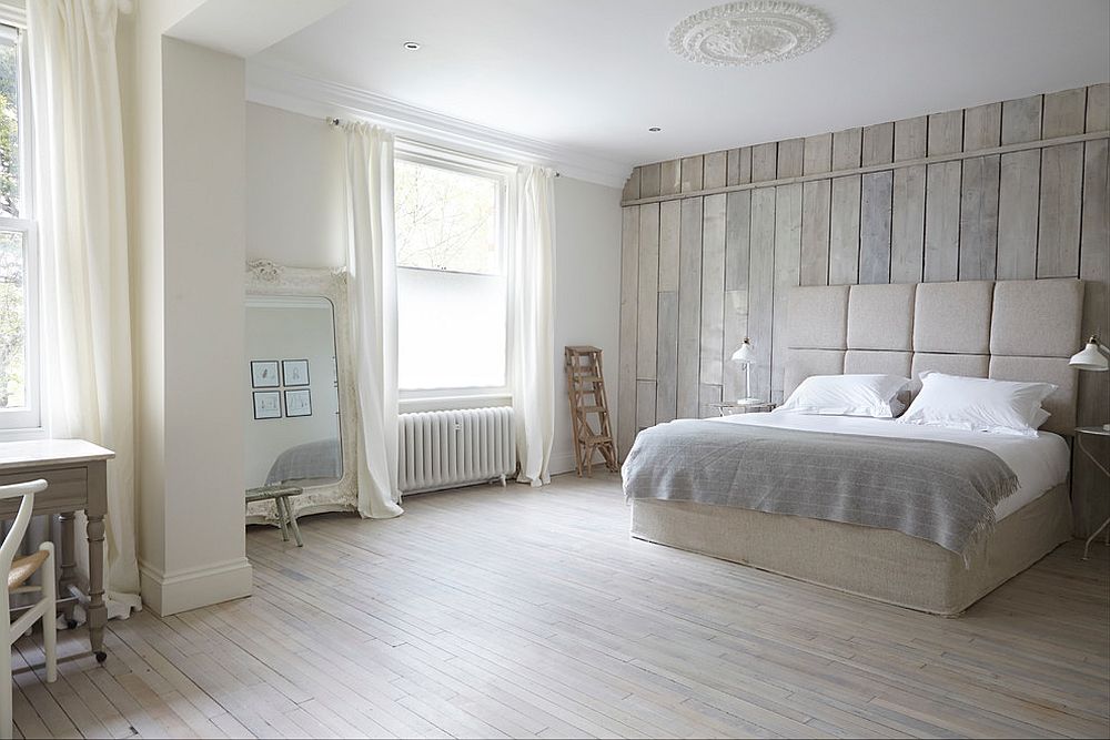 Tranquil bedroom in white uses reclaimed wood all around!