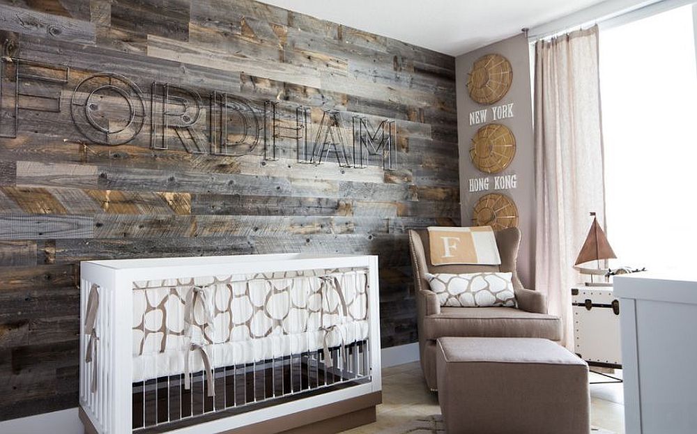 Turn to reclaimed wood to give the nursery a stunning accent wall