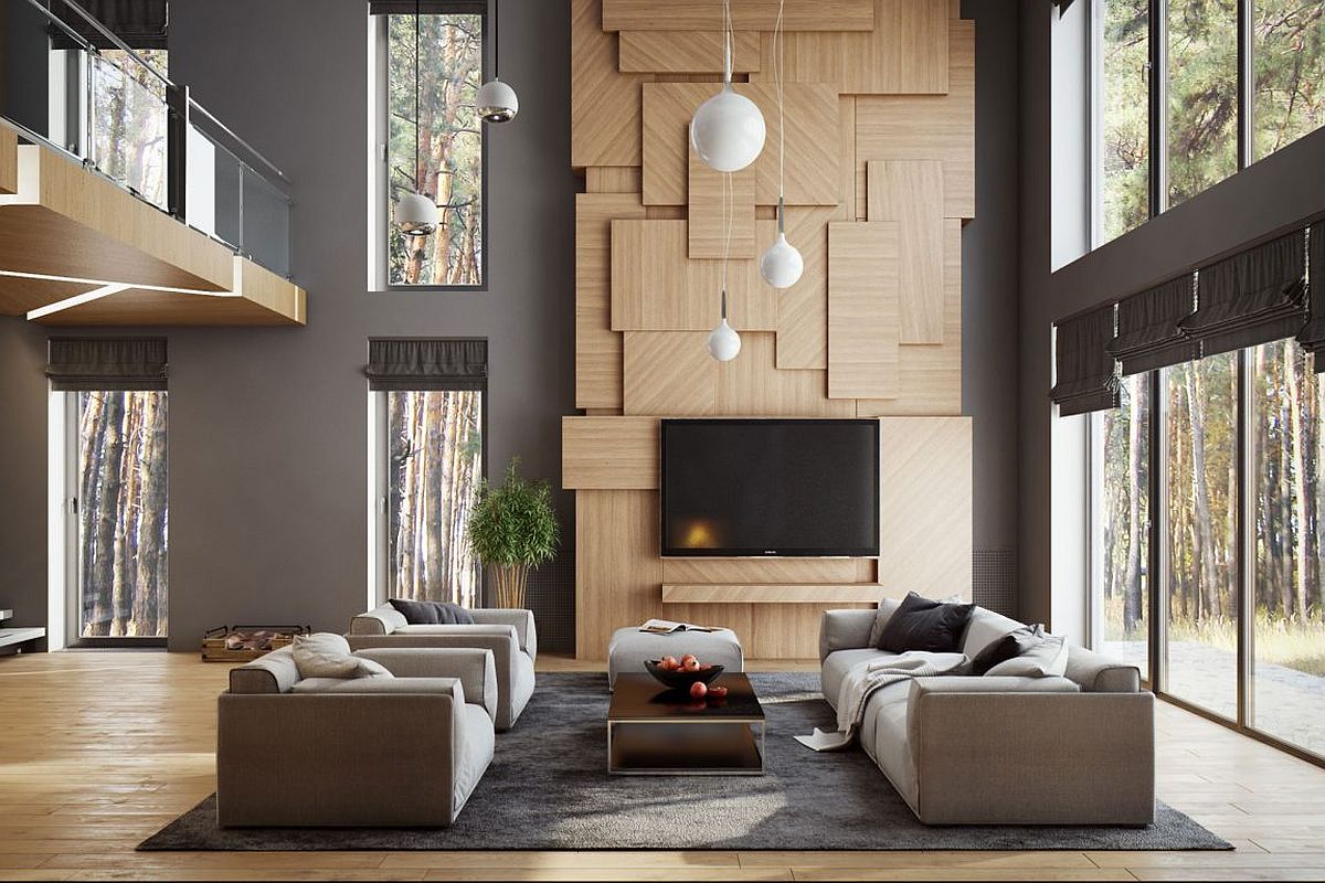 Wooden accent feature becomes a sculptural addition to the living room