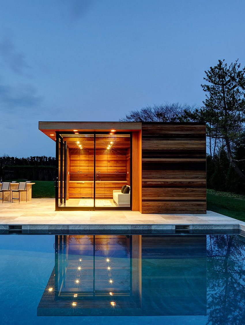 Woodsy, small pool house showcases clean design lines and exquisite style [Design: Bates Masi Architects]