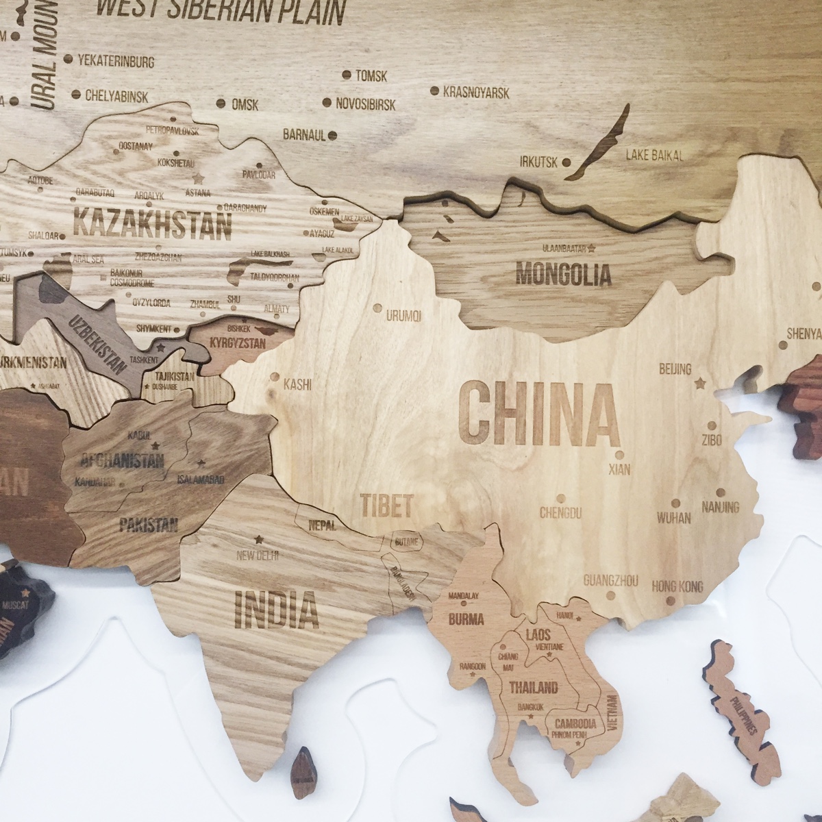 The Wooden Map by Aziz Abdulmazhitov is a handsome design, perfect for the home and office environments. Measuring 2500х1300 mm, it is made using a combination of ash, birch, beech, walnut and oak woods.