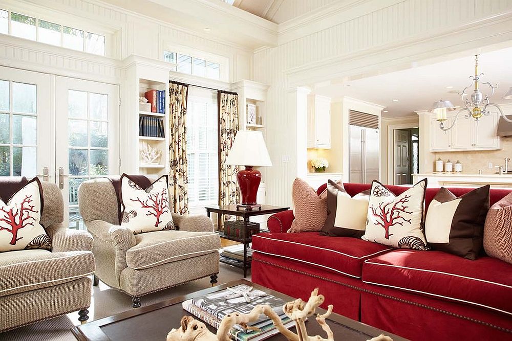 A touch of beach style elegance rejuvenates the gorgeous family room in white and red