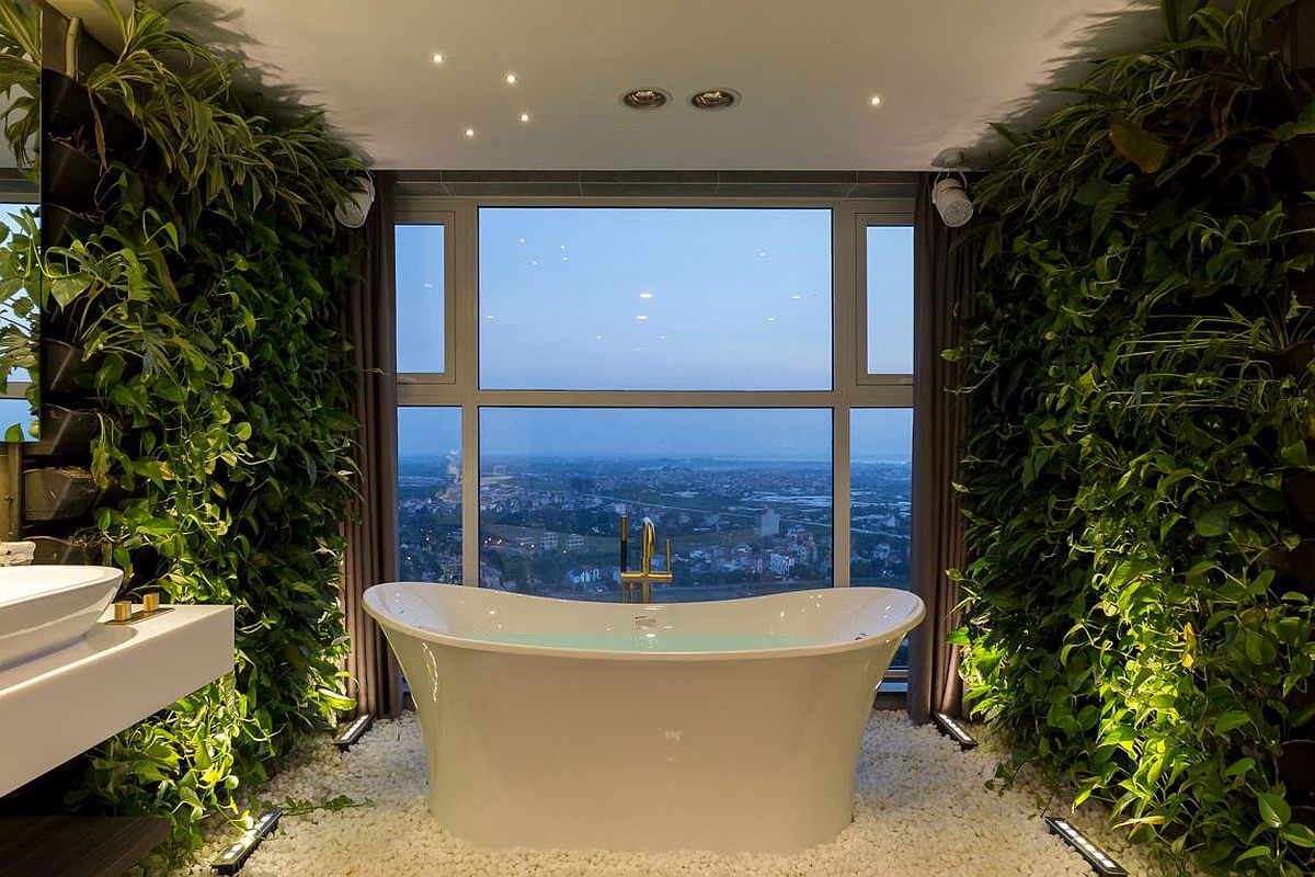 Bathroom living walls add both color and serenity to the contemporary setting