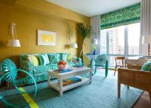 Beach style living room in yellow and turquoise with a couch that also adds pattern 217x155 Vibrant Trend: 25 Colorful Sofas to Rejuvenate Your Living Room