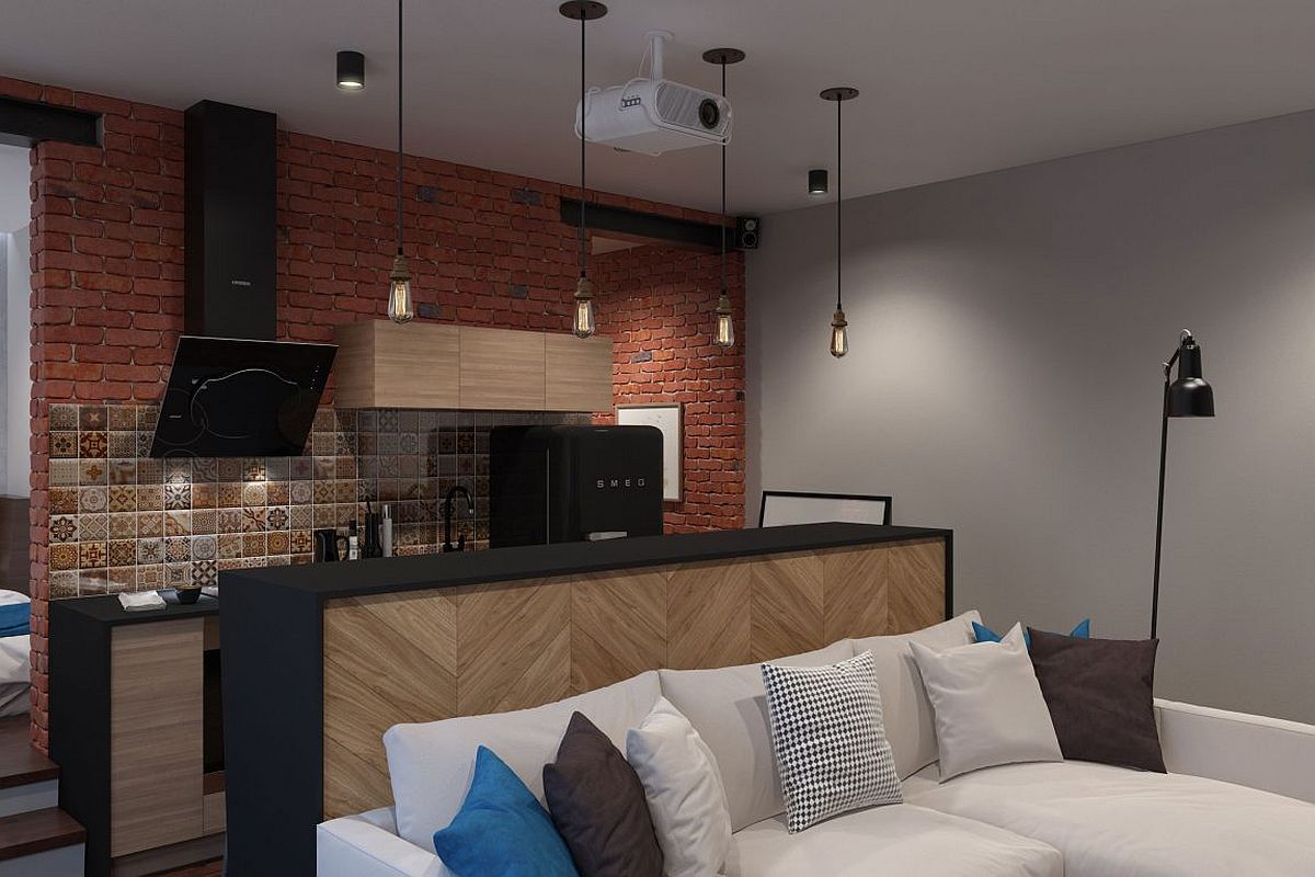 Brick walls, tile and solid wood surfaces give the interior a modern industrial vibe