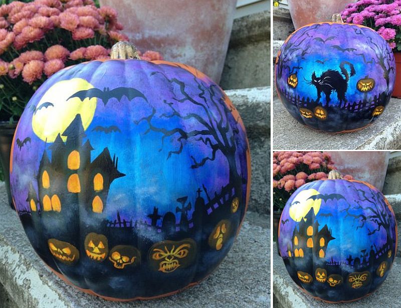 Brilliant and spooky haunted house painted pumpkin idea