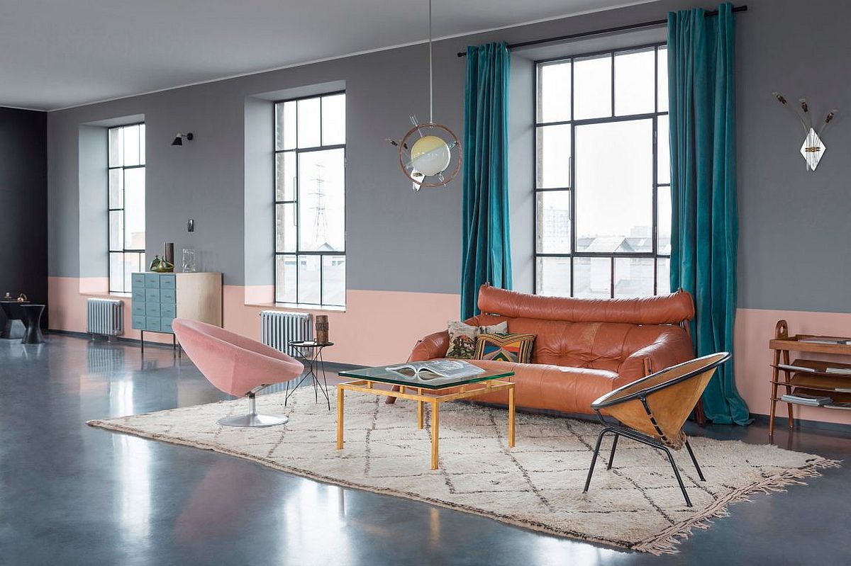 Chic and retro touches in the living room are accentuated by pastel pink and gray