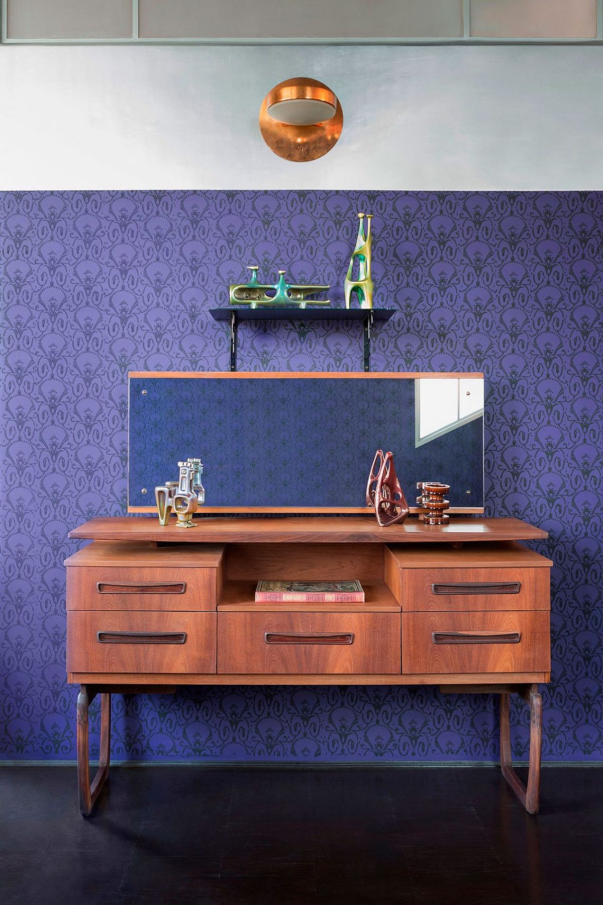 Classic bedroom dressign table and mirror with a bright purple backdrop