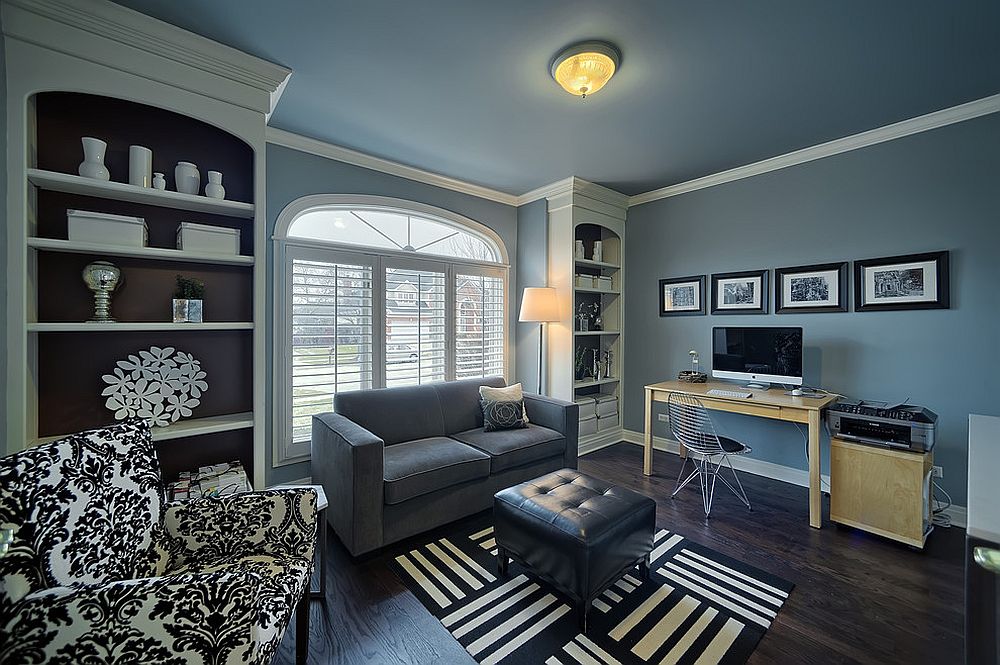 Contemporary home office in blue and gray with ample shelf space [Design: Just the Thing Decorating, Staging, and Windows]