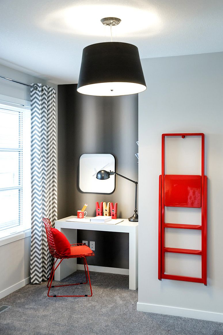 Contemporary home workspace in gray with a hint of red [From: Natalie Fuglestveit Interior Design / Lindsay Nichols Photography]