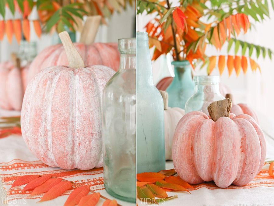 DIY whitewashed pumpkin with driftwood stem