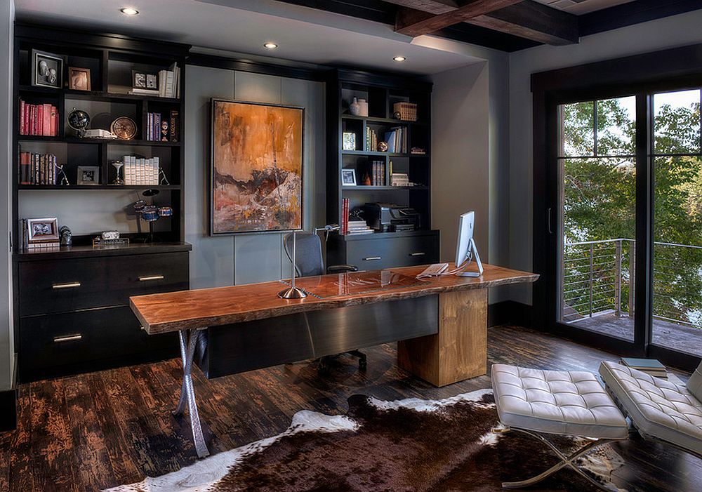 Dashing home office in gray with black shelves, cabinets and a live edge table [From: In Site Designs / Getz Creative Photography]