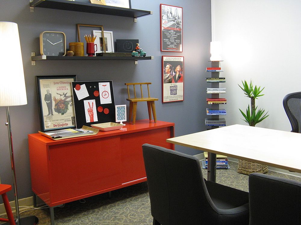 Dashing red credenza steals the show in this home office