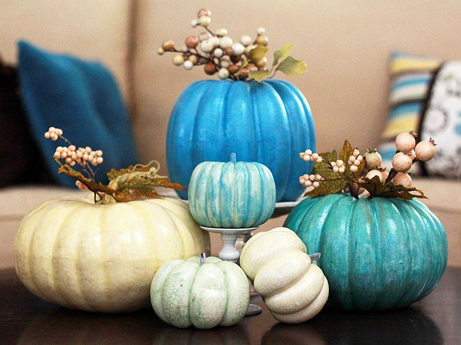 Colorful pumpkin centerpiece for Halloween and fall dinner table [From: Craftshub]