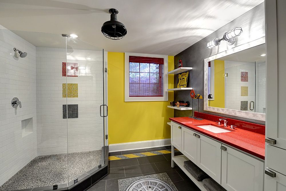 Eclectic bathroom in gray and yellow [Design: The Consulting House]