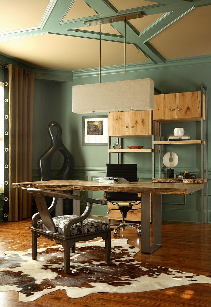 Eclectic home office with cool shelving and smart desk [Design: Design Theory Interiors of California]